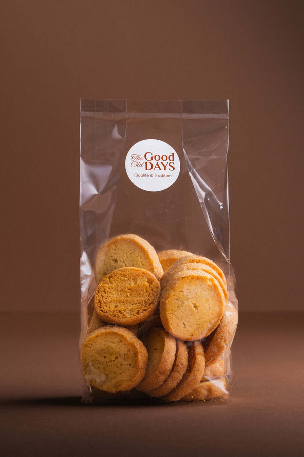 Sachet de sablés citron artisanal belge The Good Old Days, emballage sur fond brun